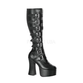 4 3/4 inch 8 Buckled Platform Black Faux Leather Knee Boot