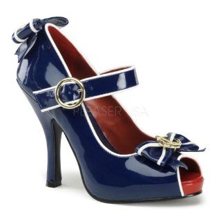 Platform Open Toe Mary Jane W/ Anchor Bow Blue White Patent Shoes