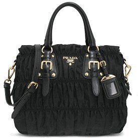 Prada BN1336 Ruched Handbag in Black Tessuto and Leather