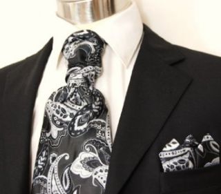 Paul Malone Ascot Tie and Pocket Square Black and White