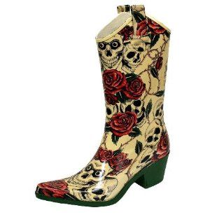Roses & Skulls Cowboy Rubber Rain Boots Size 6: Shoes
