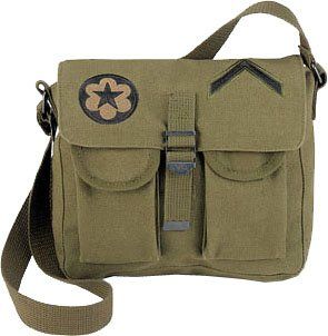 Olive Drab Military Canvas Ammo Shoulder Bag w/ Patches