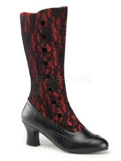 Red Satin And Black Lace Calf Boots   9 Clothing