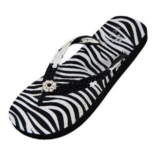  Black & White Sequined Thong Zebra Flip Flops Size 7 Shoes