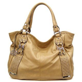 Tan Silver Tone Metal Studs Pockets L Satchel Bag Handbag Purse: Shoes