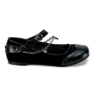 Wing Tip Flat With Skull Charm Chain Black Faux Leather Velvet Shoes