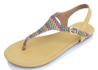  Yellow Multi Canvas T strap Thong Ankle Strap Sandals Mochi Shoes