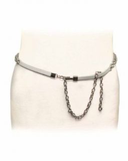 White Leather Stone Studded Skinny Zig Zag Belt with Chain