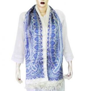 Women Printed Head Silk Scarves 22 X 72 Inches, Blue/White Clothing