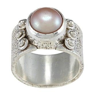 Wide Brushed Silver Pearl Ring (8.5 mm) (Nepal)