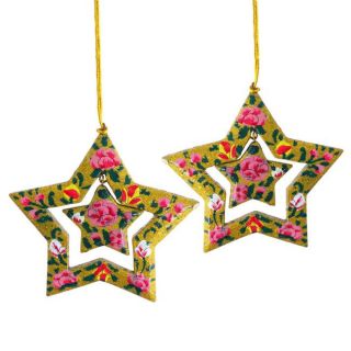 Set of 2 Paper Mache Gold Star Christmas Ornaments (India)