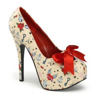 Pump W/ Satin Bow Tie Cream Faux Leather (Tattoo Print) Shoes