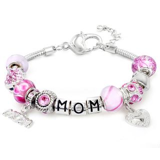 Silverplated Pink Crystal and Bead Mom Themed Bracelet