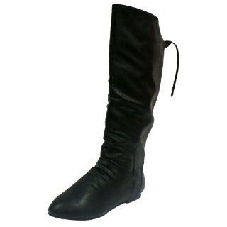  Black Flat Tall Faux Leather Boots With Tie Back Size 9: Shoes