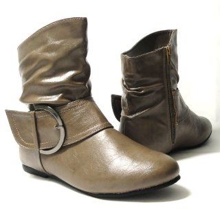  Womens Slouchy Ankle Flat Boots PU Soft Leather Taupe , 9: Shoes