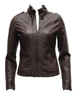 Ladies Brown Synthetic Leather Jacket Belt Strap Collar