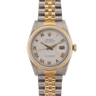 Pre owned Rolex Mens Datejust Two tone White Roman Dial Watch