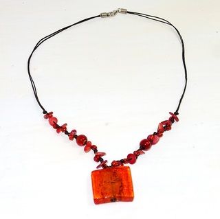 Italian Glass Bead Pendant Necklace Red (Thailand)