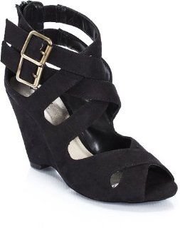 Qupid Isaac 36 Strappy Wedge Sandal   Black Shoes