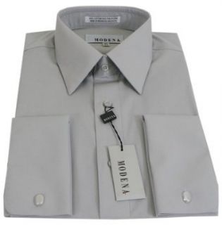 Mens Modena Solid Silver French Cuff Dress Shirt: Clothing