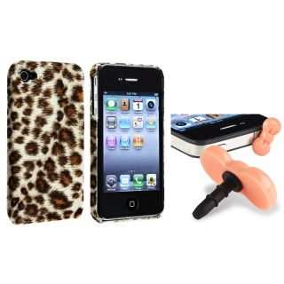 Brown Leopard Case/ Pink Headset Dust Cap for Apple iPhone 4/ 4S