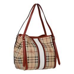 Burberry Haymarket Check Red Leather Trimmed Shopper Bag