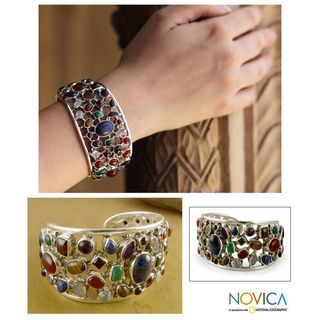 Sterling Silver Shimmering Confetti Gemstone Cuff Bracelet (India