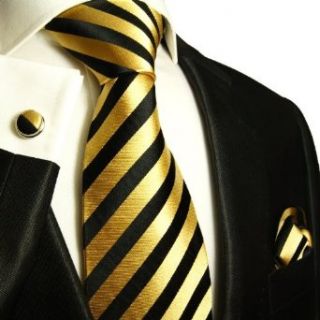 , Pocket Square and Cufflinks 100% Silk Gold Black Stripes Clothing