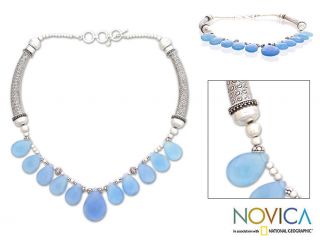 Sterling Silver Chalcedony Blue Petals Waterfall Necklace (India