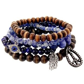 Brown/ Blue Bead Peace, Evil Eye and Feather Stretch Bracelet Set