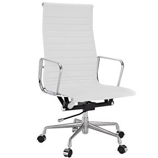 White Genuine Leather Ribbed High Back Office Chair