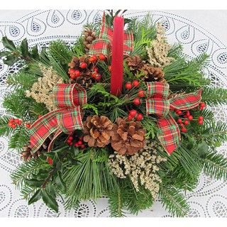 Fresh Balsam Candle Centerpiece with Plaid, Holly and Berries