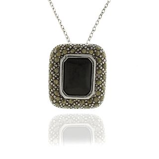 Silver Overlay Black Onyx and Marcasite Square Necklace