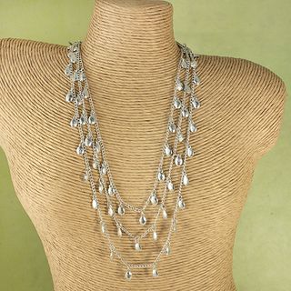 Handcrafted Three Strand HammeredSilvertone Nuggets Necklace (India