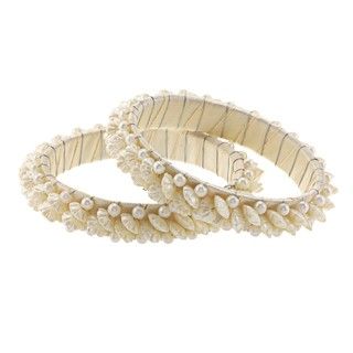 Set of 2 White Faux Pearl Wrapped Bangle Bracelets (Pakistan