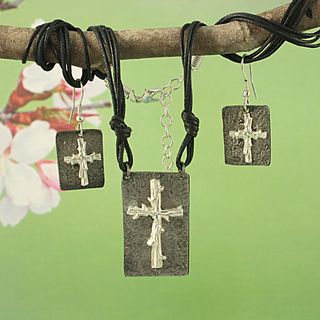 Handcrafted Pewter Silvertone Twig Cross Cord Necklace and Earrings
