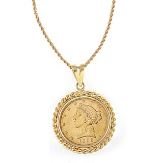 14k Gold $5 Liberty Gold Piece Half Eagle Coin Rope Bezel Pendant