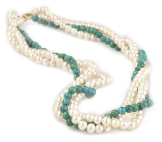 14K Gold White Cultured FW Pearl and Turquoise Necklace (4 5 mm/ 16 in