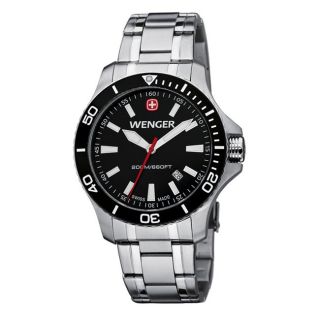 Wenger Mens Sea Force Black Dial White Accent St. Steel Band Diver