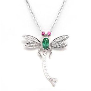 14k White Gold Ruby Emerald and Diamond Dragonfly Pendant