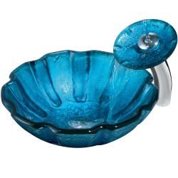 Mediterranean Seashell Vessel Sink in Blue with Waterfall Faucet