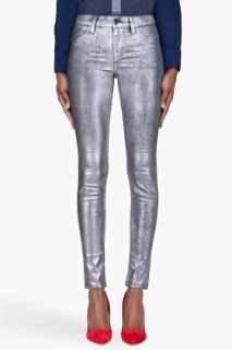 J Brand Silver Metallic Coated Stretch Jeans for women