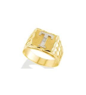 New 14k Two Tone Gold Diamond Cut Letter T Initial Ring: Jewelry