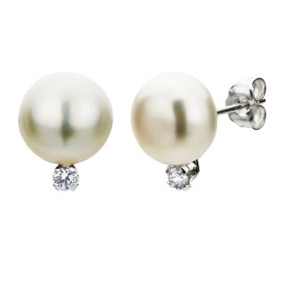 DaVonna Silver White 8 8.5mm Pearl and Diamond Earrings with Gift Box