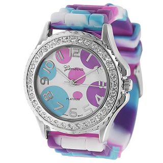 Geneva Platinum Womens Rhinestone Multi colored Silicone Watch
