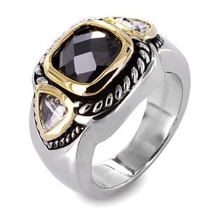 Silvertone Black and Clear Cubic Zirconia 3 stone Polished Ring