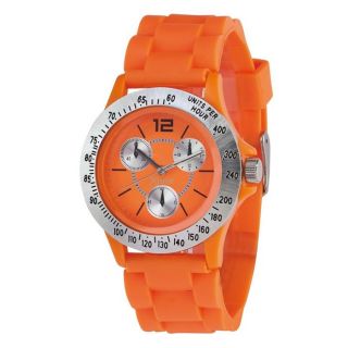 Montre en silicone sur bracelet de coloris orange. Cadran orange doté