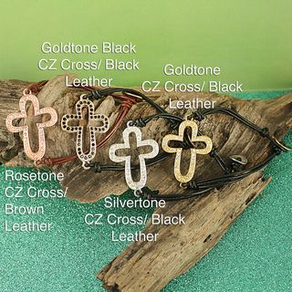Handcrafted Metal Sideways CZ Cross and Leather Bracelet