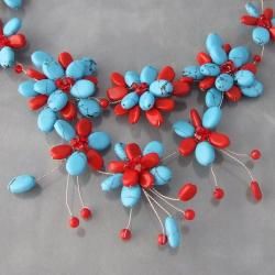 Silver Turquoise and Coral Cluster Necklace (Thailand)
