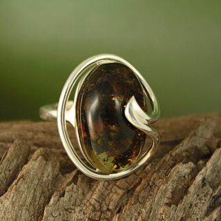 Sterling Silver Freeform Cognac Baltic Amber Adjustable Ring